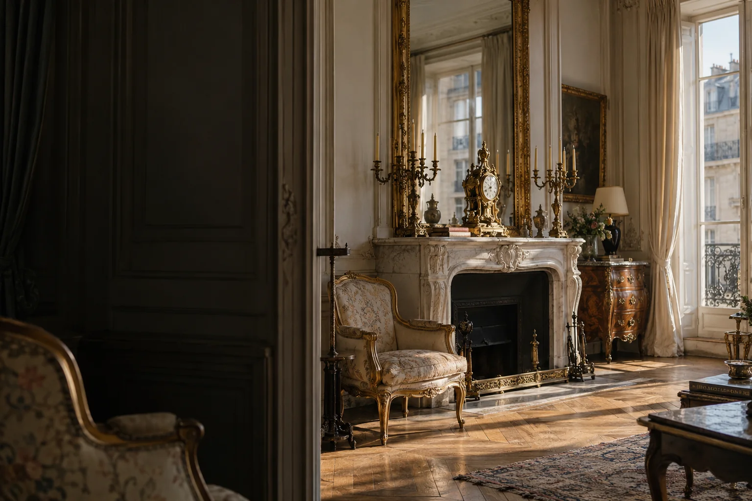 Salon haussmannien à Paris avec cheminée en marbre et pendule en bronze doré