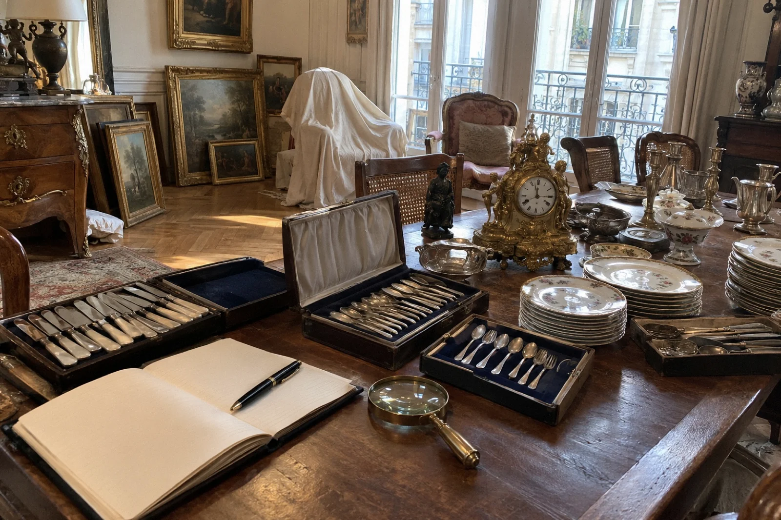Salon d'un appartement pendant un inventaire de succession